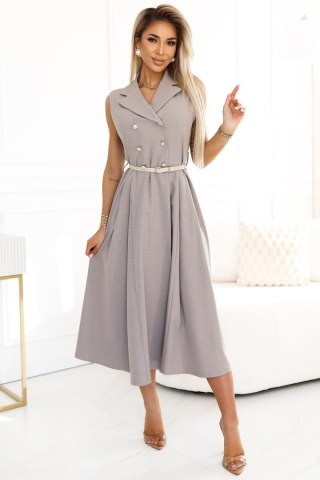 596-2 Elegancka szmizjerka midi ze złotymi guzikami i paskiem - SZARY BEŻ - UNI