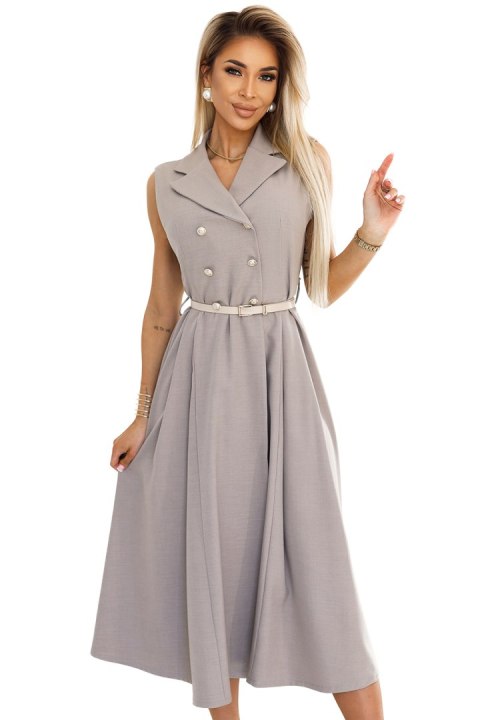 596-2 Elegancka szmizjerka midi ze złotymi guzikami i paskiem - SZARY BEŻ - UNI