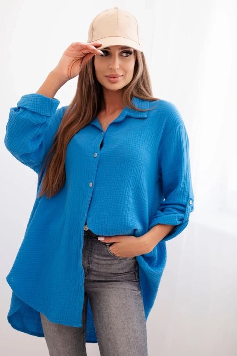 Koszula muślinowa damska w kolorze turkusowym, fason oversize Plus Size, z długim rękawem Koszula muślinowa damska w kolorze turkusowym, fason oversize Plus Size, z długim rękawem