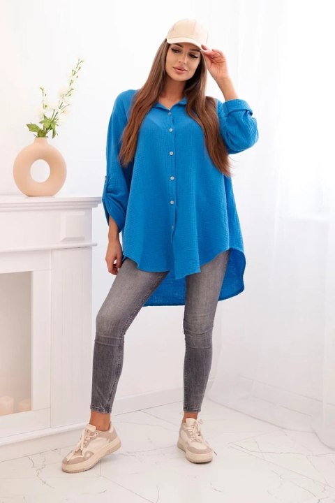 Koszula muślinowa damska w kolorze turkusowym, fason oversize Plus Size, z długim rękawem Koszula muślinowa damska w kolorze turkusowym, fason oversize Plus Size, z długim rękawem