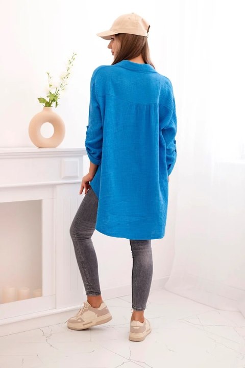 Koszula muślinowa damska w kolorze turkusowym, fason oversize Plus Size, z długim rękawem Koszula muślinowa damska w kolorze turkusowym, fason oversize Plus Size, z długim rękawem