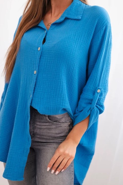 Koszula muślinowa damska w kolorze turkusowym, fason oversize Plus Size, z długim rękawem Koszula muślinowa damska w kolorze turkusowym, fason oversize Plus Size, z długim rękawem