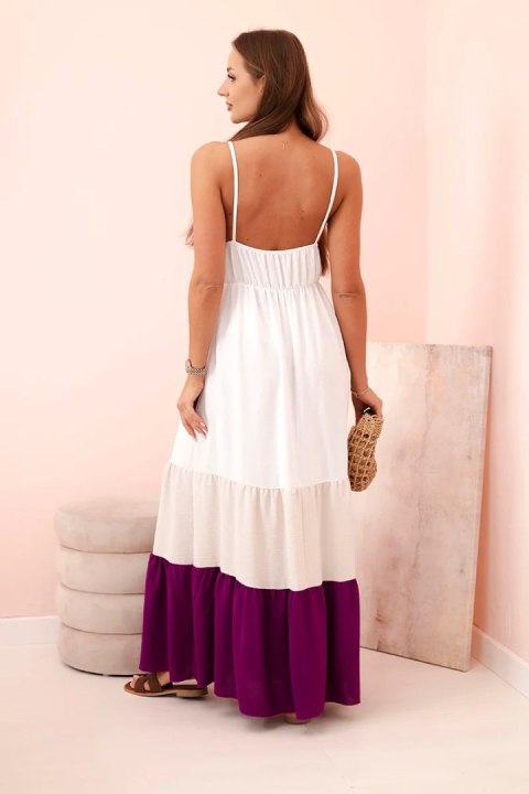 Sukienka boho maxi na ramiączkach z ażurową górą, rozkloszowana, beżowo-fioletowa