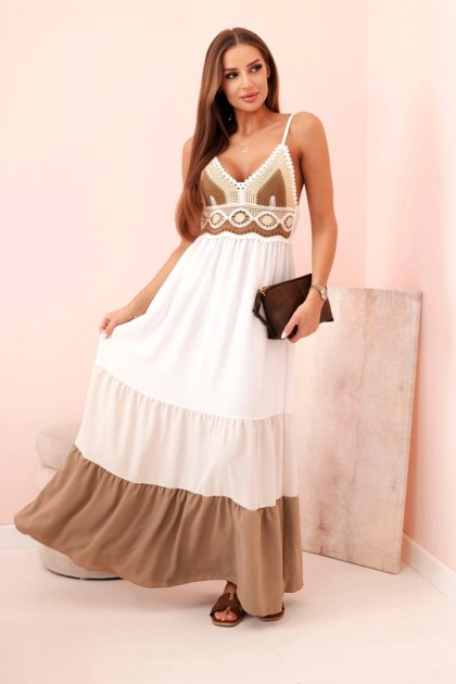 Sukienka letnia boho maxi na ramiączkach z ażurową górą beżowo-camelowa