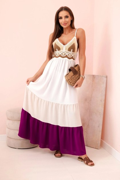 Sukienka boho maxi na ramiączkach z ażurową górą, rozkloszowana, beżowo-fioletowa