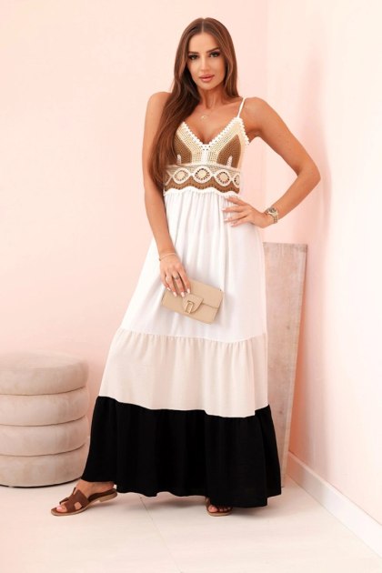 Sukienka letnia boho maxi na ramiączkach z ażurową górą beżowo - czarna
