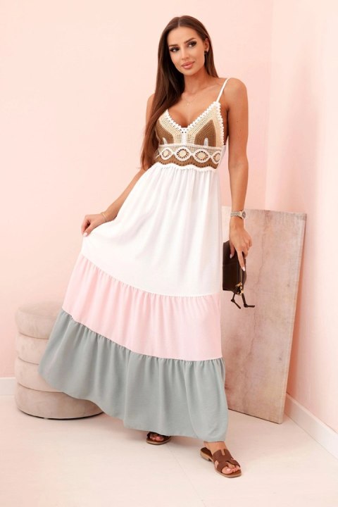 Sukienka lestnia boho maxi na ramiączkach z ażurową górą, miętowo-różowa Sukienka lestnia boho maxi na ramiączkach z ażurową górą, miętowo-różowa