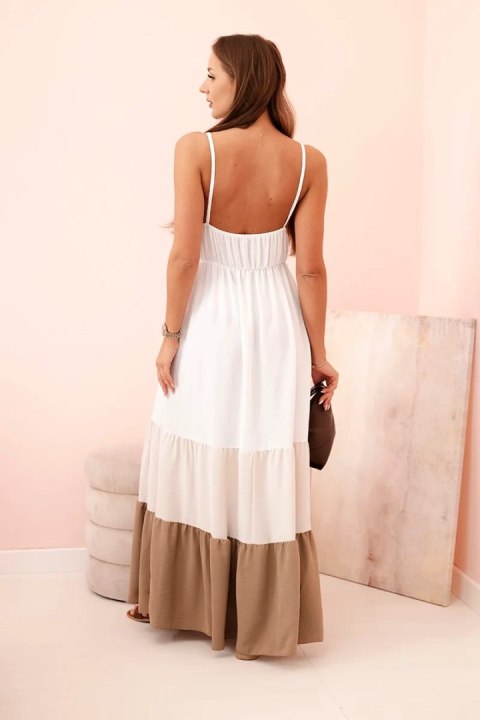 Sukienka letnia boho maxi na ramiączkach z ażurową górą beżowo-camelowa Sukienka letnia boho maxi na ramiączkach z ażurową górą beżowo-camelowa