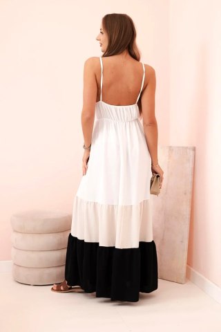 Sukienka letnia boho maxi na ramiączkach z ażurową górą beżowo - czarna