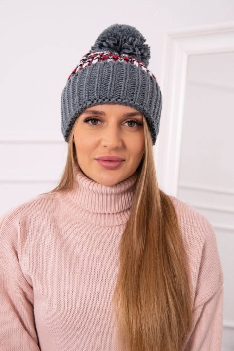 Czapka damska z pomponem Ellen K325 ciemny szary+czerwony