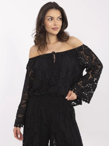 Bluzka boho hiszpanka z koronką i wiązaniem, czarna – ITALY MODA