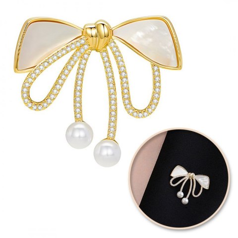 Broszka ozdobna złota KOKARDKA masa perłowa i cyrkonie BZ197 Broszka ozdobna złota KOKARDKA masa perłowa i cyrkonie BZ197