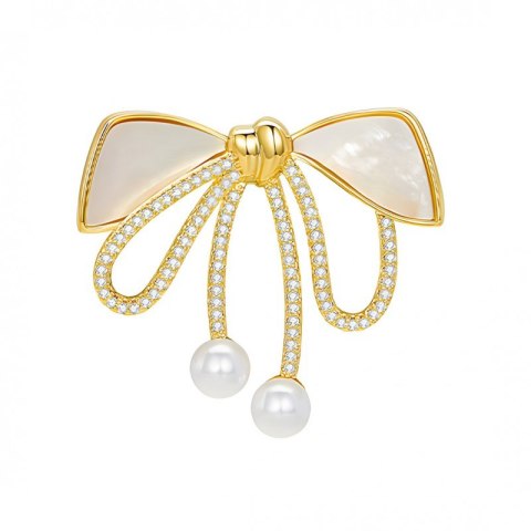Broszka ozdobna złota KOKARDKA masa perłowa i cyrkonie BZ197 Broszka ozdobna złota KOKARDKA masa perłowa i cyrkonie BZ197