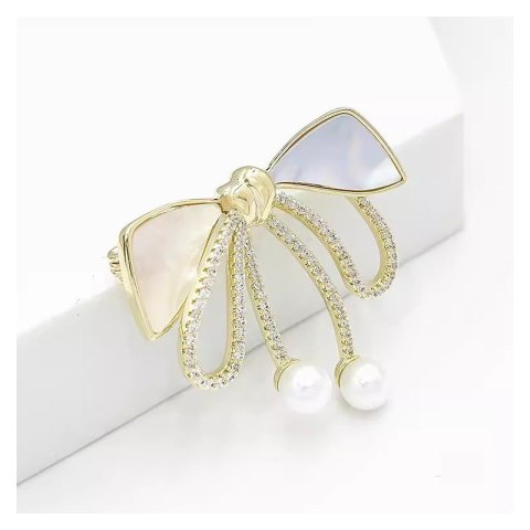 Broszka ozdobna złota KOKARDKA masa perłowa i cyrkonie BZ197 Broszka ozdobna złota KOKARDKA masa perłowa i cyrkonie BZ197