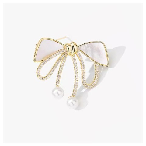 Broszka ozdobna złota KOKARDKA masa perłowa i cyrkonie BZ197 Broszka ozdobna złota KOKARDKA masa perłowa i cyrkonie BZ197