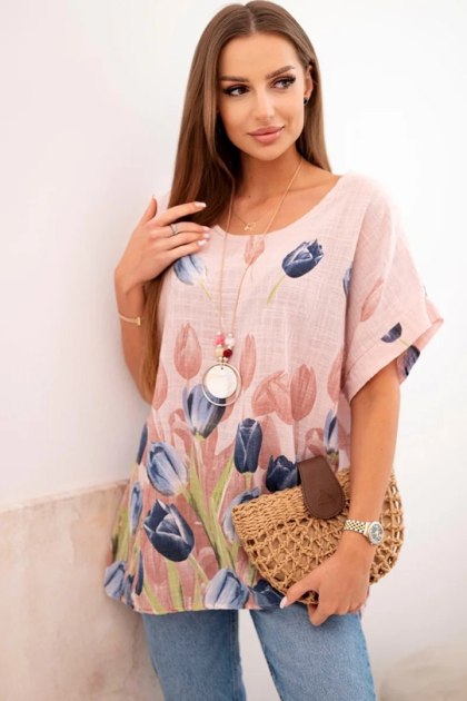 Boho koszula damska z bawełny w kwiaty – pudrowy róż naturalny styl