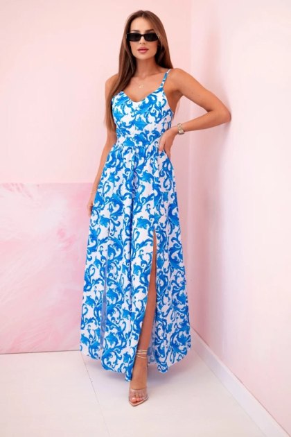 Sukienka letnia, maxi na ramiączkach z nadrukiem niebieska - ITALY MODA