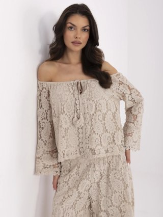Bluzka boho hiszpanka z koronką i wiązaniem, beżowa – ITALY MODA