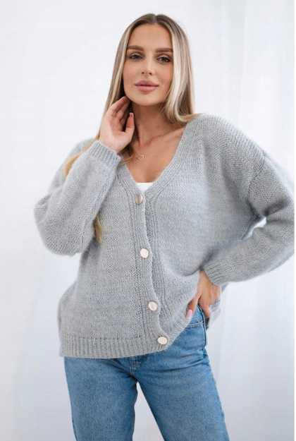 Sweter oversize z guzikami – miękki i stylowy, szary, produkcja włoska