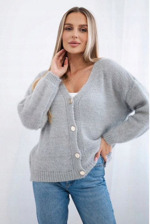 Sweter oversize z guzikami – miękki i stylowy, szary, produkcja włoska