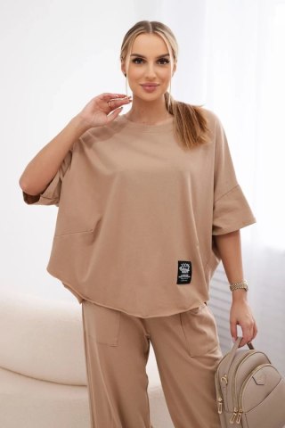 Włoski komplet bawełniany – oversize'owa bluzka i luźne spodnie, camelowy