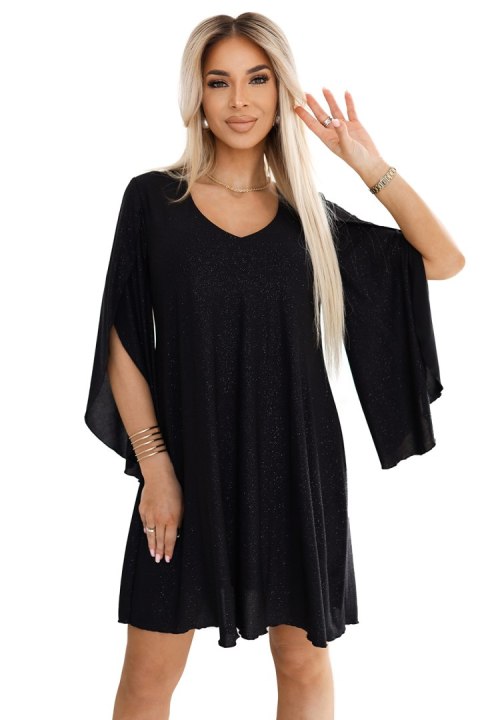 597-1 LIVIA Elegancka trapezowa sukienka z rękawami typu motyl - czarna z brokatem - L/XL 597-1 LIVIA Elegancka trapezowa sukienka z rękawami typu motyl - czarna z brokatem - L/XL