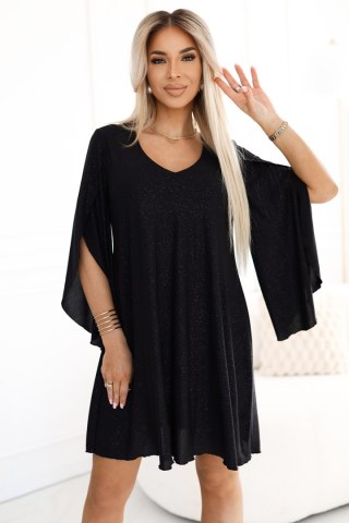 597-1 LIVIA Elegancka trapezowa sukienka z rękawami typu motyl - czarna z brokatem - S/M