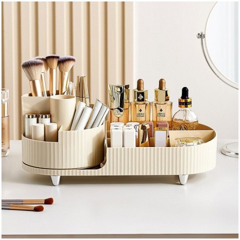 Organizer na pędzle, kosmetyki, ryflowany obrotowy kremowy 34,5x14,7x14,3cm CB56K