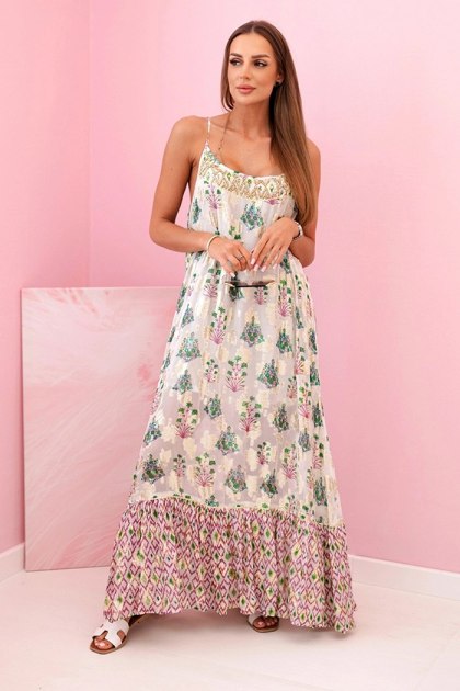Sukienka letnia boho z falbaną – fioletowa, na ramiączkach, 100% wiskoza