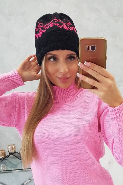 Czapka damska Kira K374 czarny+różowy