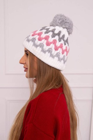 Czapka damska Laila K283 biały+ciemny szary+ciemny różowy