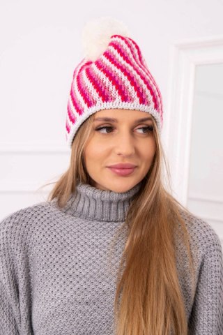 Czapka damska z pomponem Hanna K328 biały+fuksja