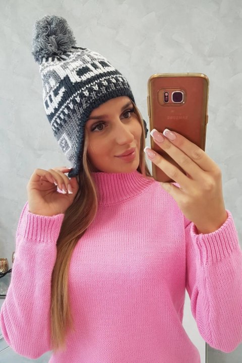 Czapka damska z pomponem Rosa K368 biały+grafitowy+ciemny szary