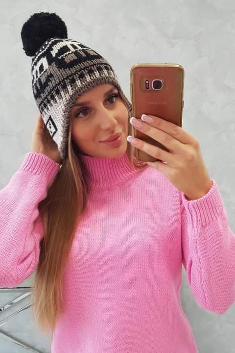 Czapka damska z pomponem Rosa K368 czarny+mocca+beżowy