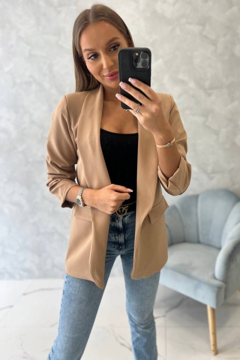 Marynarka z klapami elegancka rękaw 3/4 camelowa Marynarka z klapami elegancka rękaw 3/4 camelowa