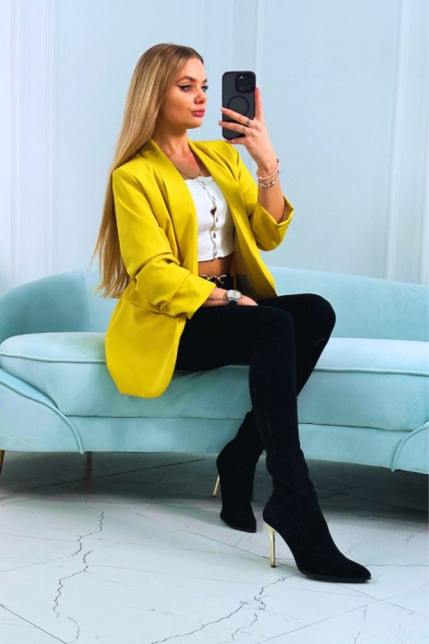 Marynarka z klapami elegancka żółta rękaw 3/4 Marynarka z klapami elegancka żółta rękaw 3/4