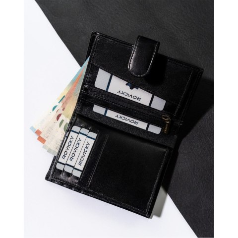 Skórzany, czarny portfel męski z zapięciem i systemem RFID - Rovicky