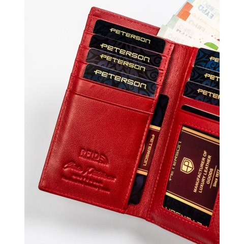 Portfel damski ze skóry naturalnej w czerwonym kolorze zamykany zatrzaskiem i biglem - Peterson