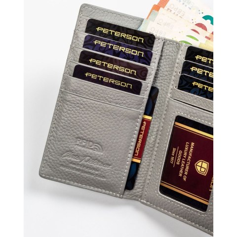Stylowy, wielokolorowy portfel damski ze skóry naturalnej zamykany biglem i zatrzaskiem, wyposażony w system RFID - Peterson