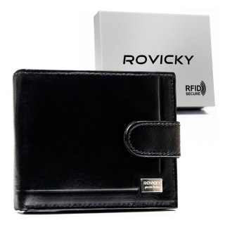 Czarny portfel męski ze skóry naturalnej zamykany zatrzaskiem - Rovicky