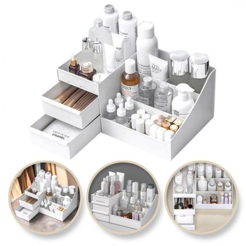 Biały organizer na kosmetyki z szufladami i przegródkami – idealny do łazienki, toaletki lub pokoju, wymiary 25,5×15,5×11,5 cm
