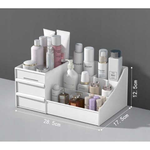 Biały organizer na kosmetyki z szufladami i przegródkami – idealny do łazienki, toaletki lub pokoju, wymiary 25,5×15,5×11,5 cm