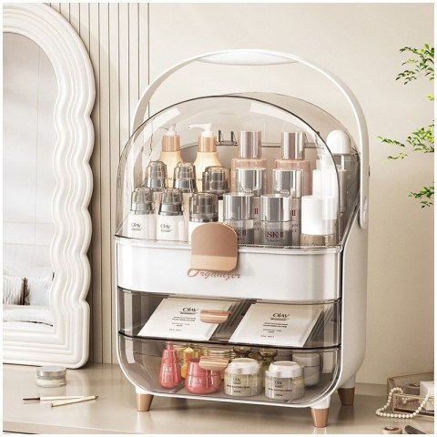 Organizer biały na kosmetyki i biżuterię z gablotką i szufladami 26,5×18,2×34,5 cm – elegancki i praktyczny