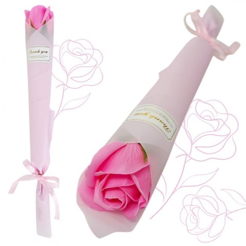 Różowa róża mydlana zapachowa w ozdobnym papierze z kokardą – elegancki prezent dla kobiety