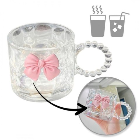 Szklanka opalizująca 260 ml z różową kokardką i ozdobnym uchwytem – elegancki kubek do kawy, herbaty lub drinków