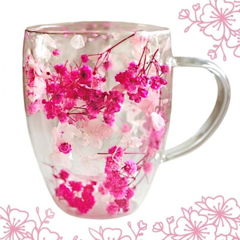 Szklanka termiczna 300 ml z zatopionymi suszonymi kwiatami gipsówki i hortensji w odcieniach różu – elegancki kubek Szklanka termiczna 300 ml z zatopionymi suszonymi kwiatami gipsówki i hortensji w odcieniach różu – elegancki kubek