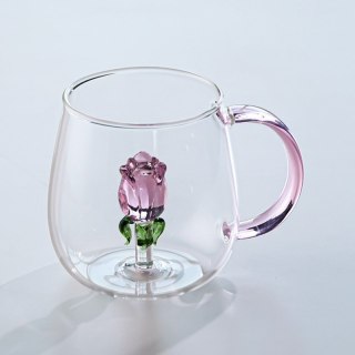 Szklanka 400 ml z Różowym Szklanym Tulipanem i Różową Rączką SZK129