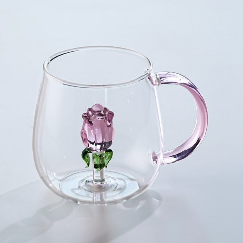 Szklanka 400 ml z przezroczystego szkła z różowym szklanym tulipanem w środku i różową rączką – elegancki kubek