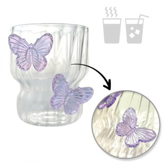 Szklanka ryflowana 260 ml z fioletowymi motylkami 3D | szkło borokrzemowe -SZK162