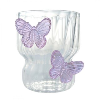 Szklanka ryflowana 260 ml z fioletowymi motylkami 3D | szkło borokrzemowe -SZK162
